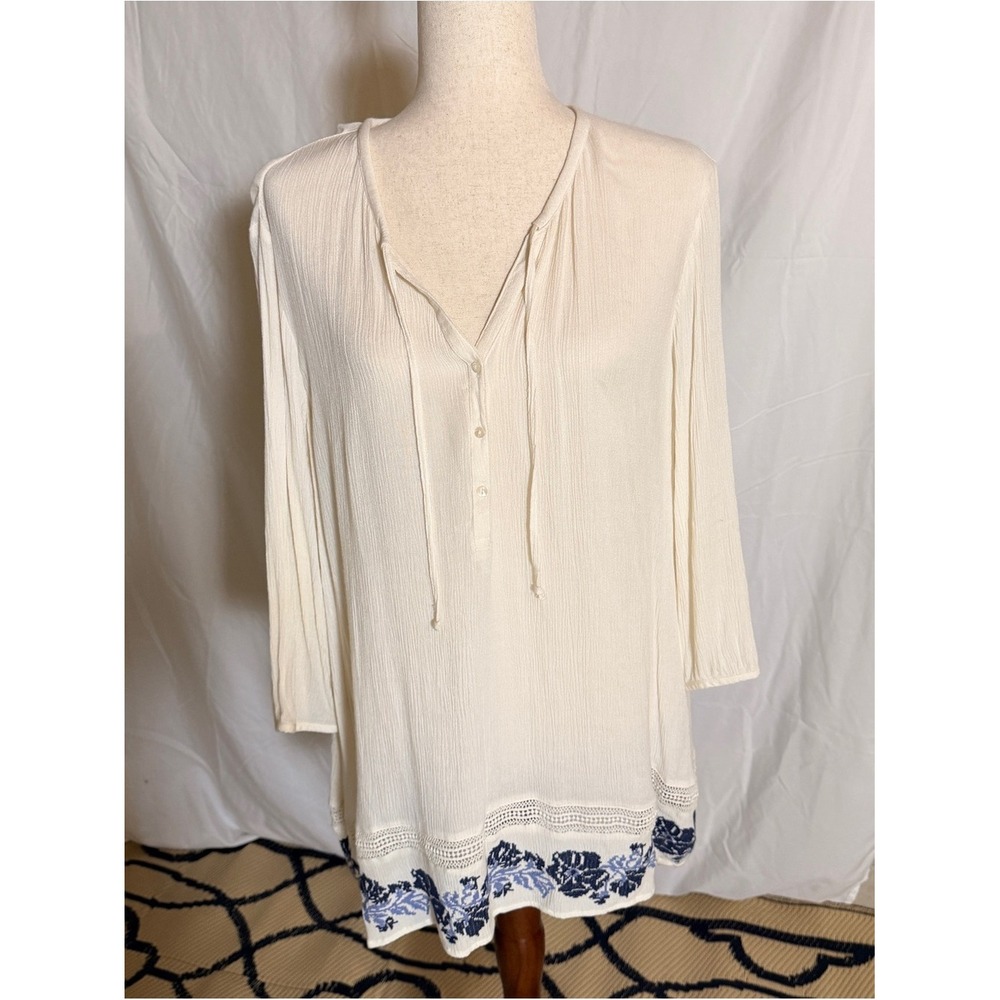 Cream Boho Tie-Neck Tunic Top with Blue Floral Trim gauzy beachy bohemian